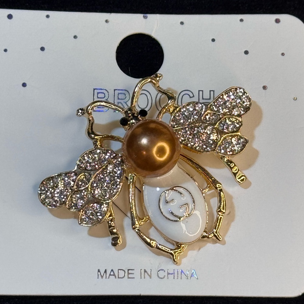 Fashion Jewelry Gold Tone with White W/ Faux Brown Pearl and Crystal Bee Brooch